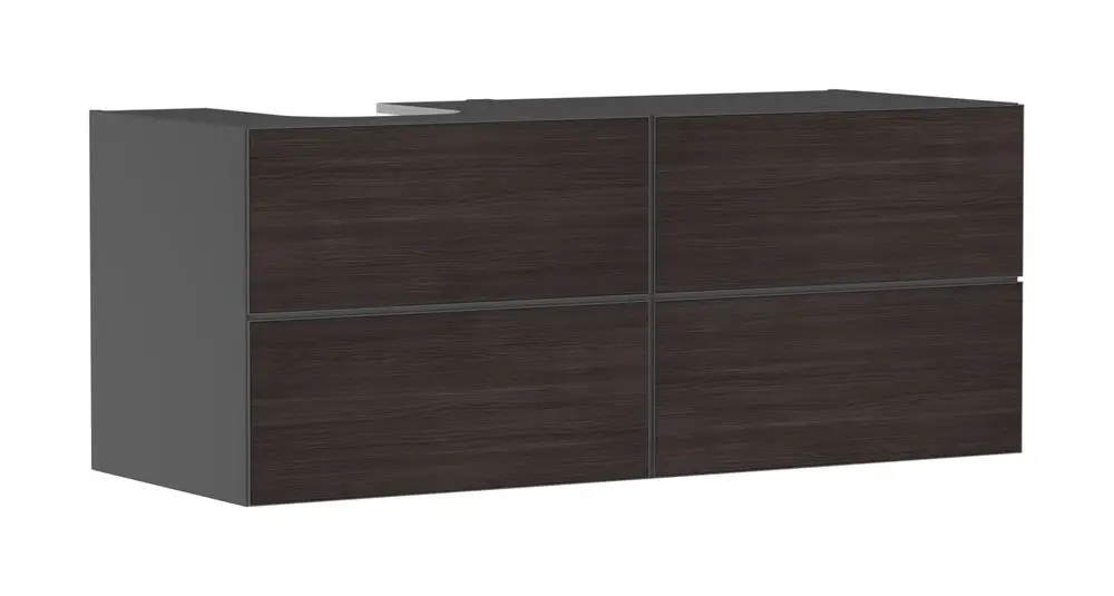 Waschtischunterschrank in Schiefergrau von Hansgrohe mit vier Schubkästen, geeignet für Konsolen Aufsatzwaschtisch, mit geschliffener Oberfläche, links montierbar.